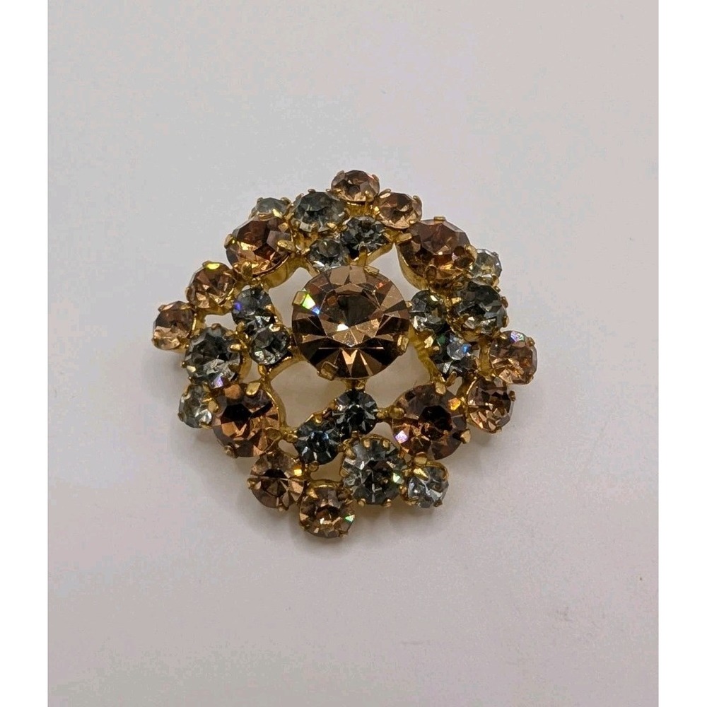 Vintage Made in Austria Rhinestone Brooch Champagne Smoky Gray Gold Tone Pin